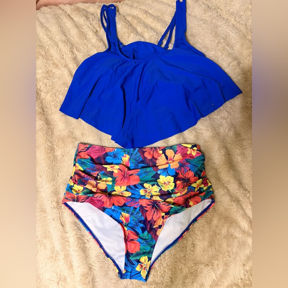 Royal Blue Swim Top with Tropical High-Waist Bikini Bottoms large